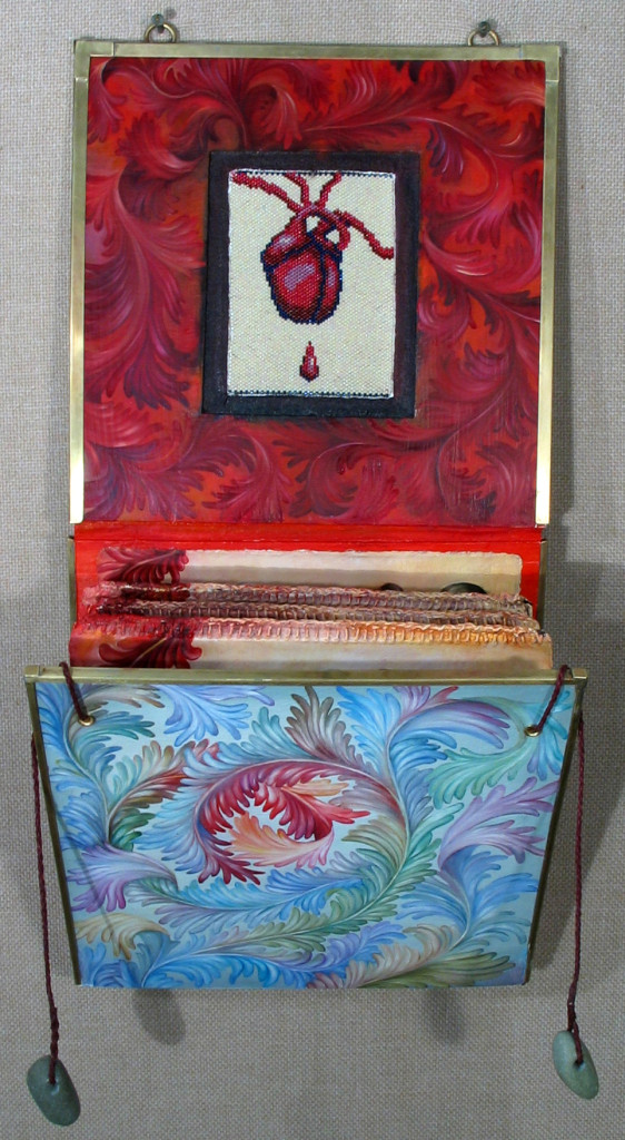 07.054 - cathy weber - art - painting - heart -woman - book art - artist book - book- object - montana - oil painting - bead - heart rock - object poem