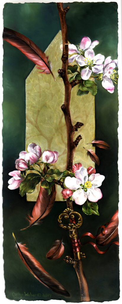 cathy weber - art - painting - woman - oil - montana - painting - oil - botanical - ribbon - apple - blossom - house - oil painting