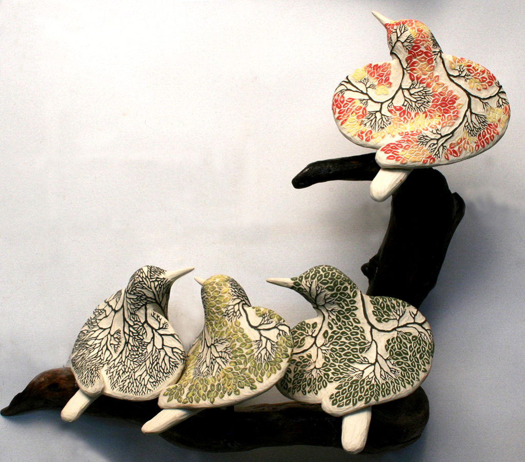 cathy weber - art - clay - woman - montana - ceramic - porcelain - bird - forest - carved - seasons - tree