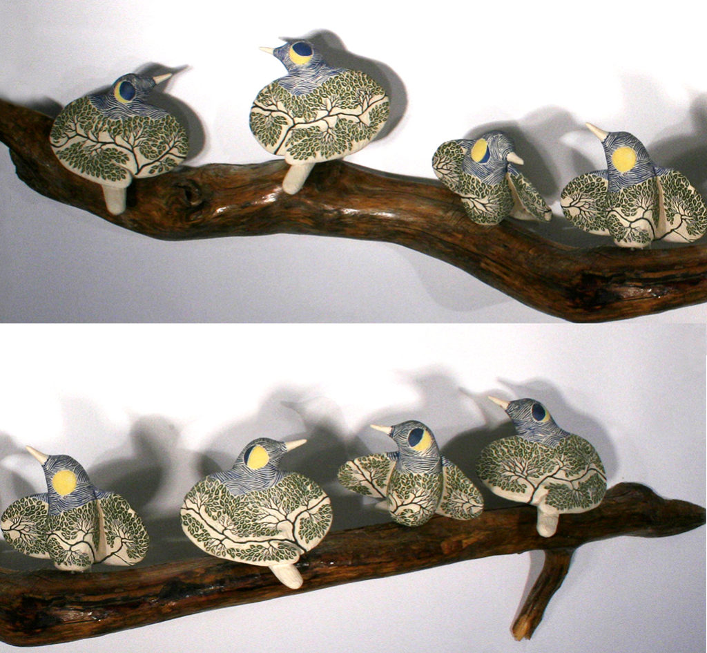 cathy weber - art - clay - woman - montana - ceramic - porcelain - bird - red wing - phases - forest - carved - moon - tree