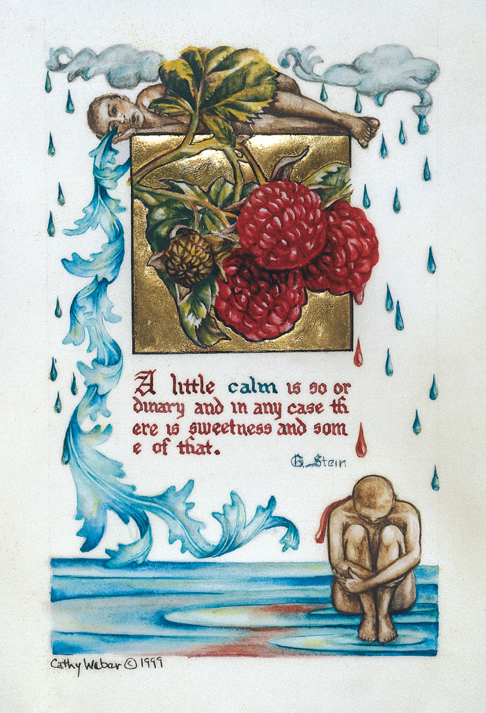 cathy weber - art - painting - woman - watercolor -illumination- montana - painting - parchment - skin - versal - gertrude stein - grief - heart - blood