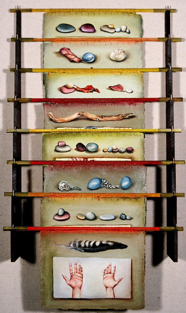 cathy weber - art - painting - stick - stone - dragonfly - woman - heart - wishbone - book art - artist book - book- object - montana - oil painting - object poem - movable page