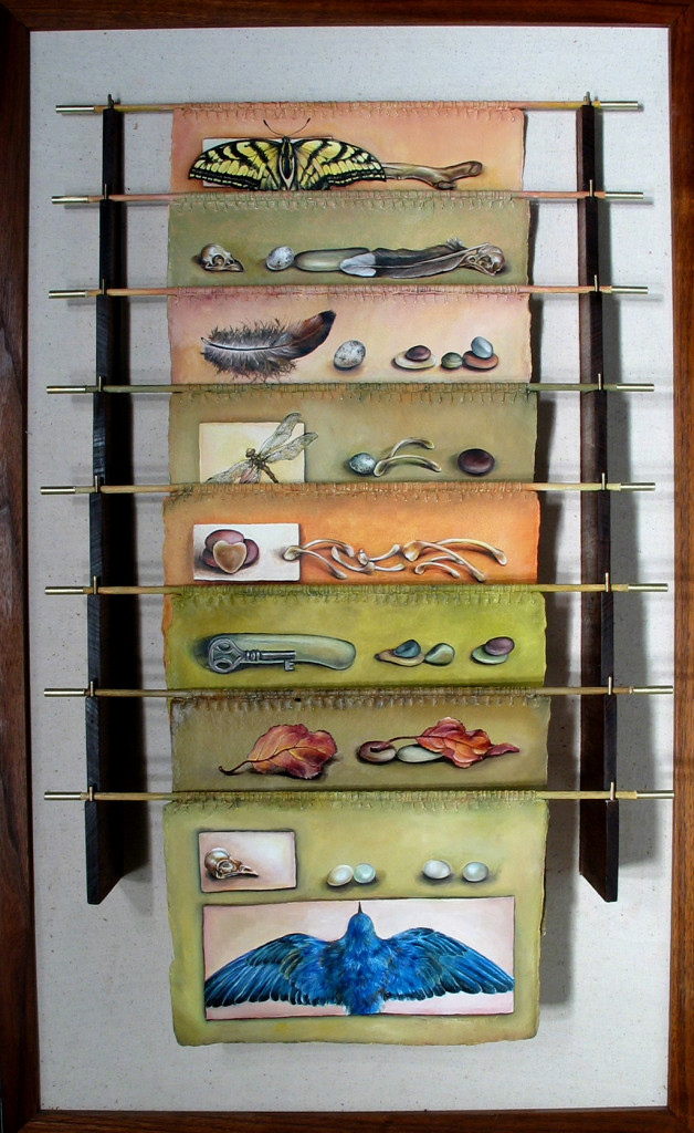 cathy weber - art - painting - stick - stone - dragonfly - woman - heart - wishbone - book art - artist book - book- object - montana - oil painting - object poem - movable page