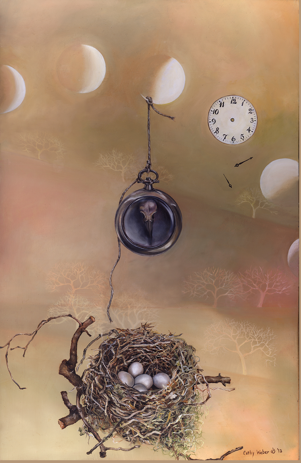 cathy weber - oil painting - Montana art - biological art - biological artifacts - object poem – artist - painted poem – art - moon phase – bird nest - nest