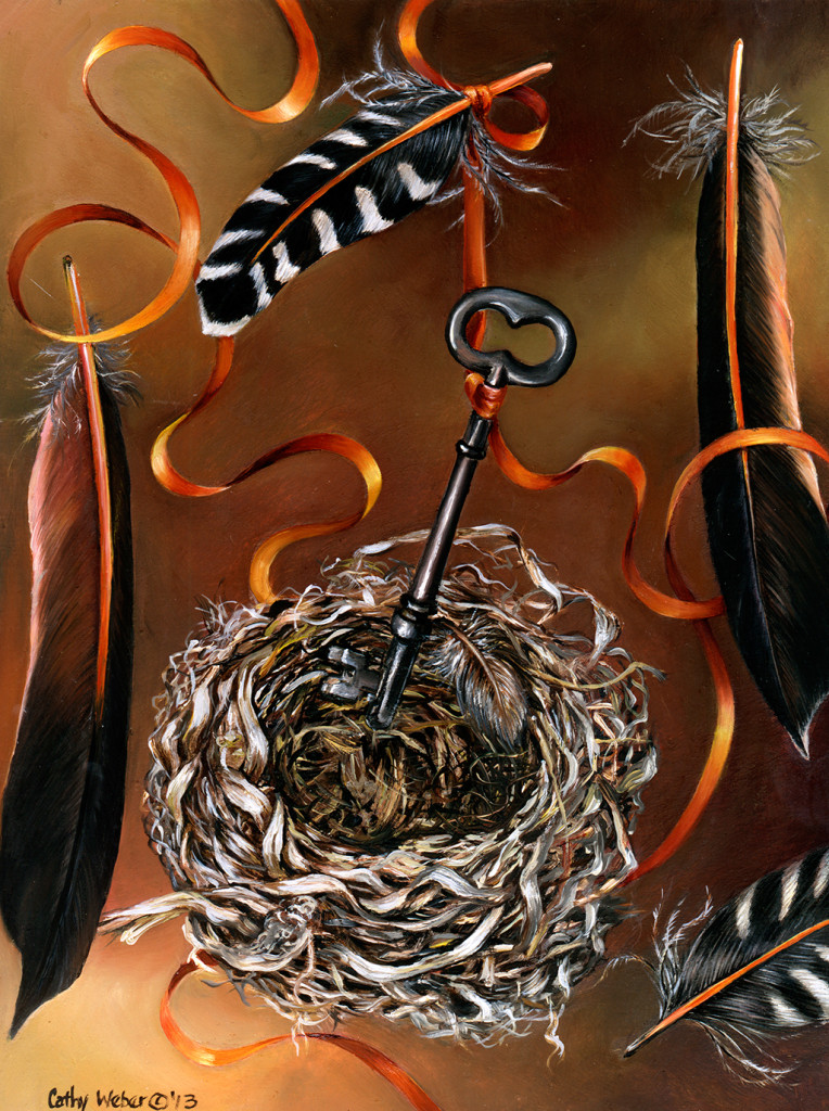 13.017 - feather - key - nest - cathy weber - artist - oil painting - objects - biological objects - ribbon