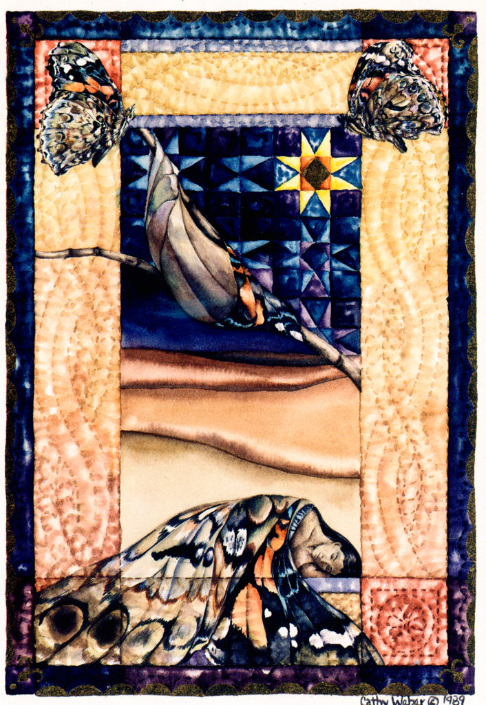 cathy weber - art - holy card - holycard - quilt - watercolor - butterfly - cacoon - stitcher - stitch - montana
