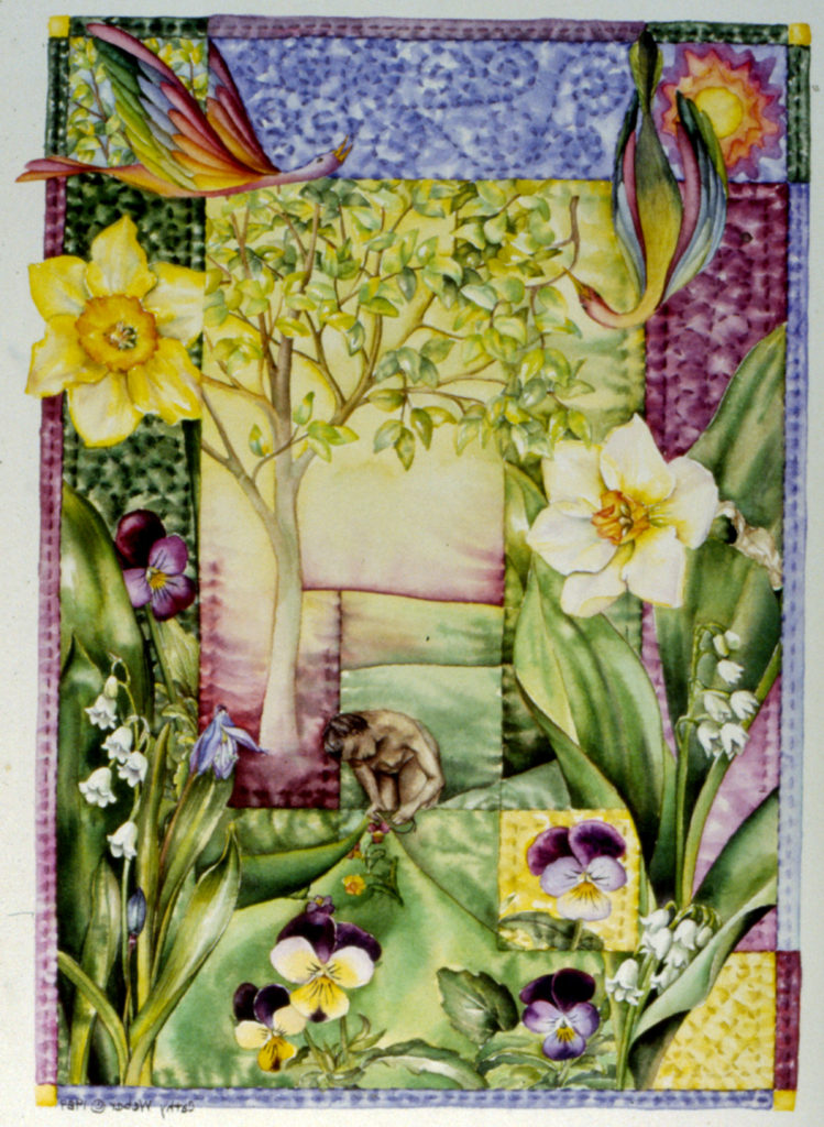 cathy weber - art - holy card - holycard - quilt - watercolor - forest - woman - flower - stitcher - stitch - montana