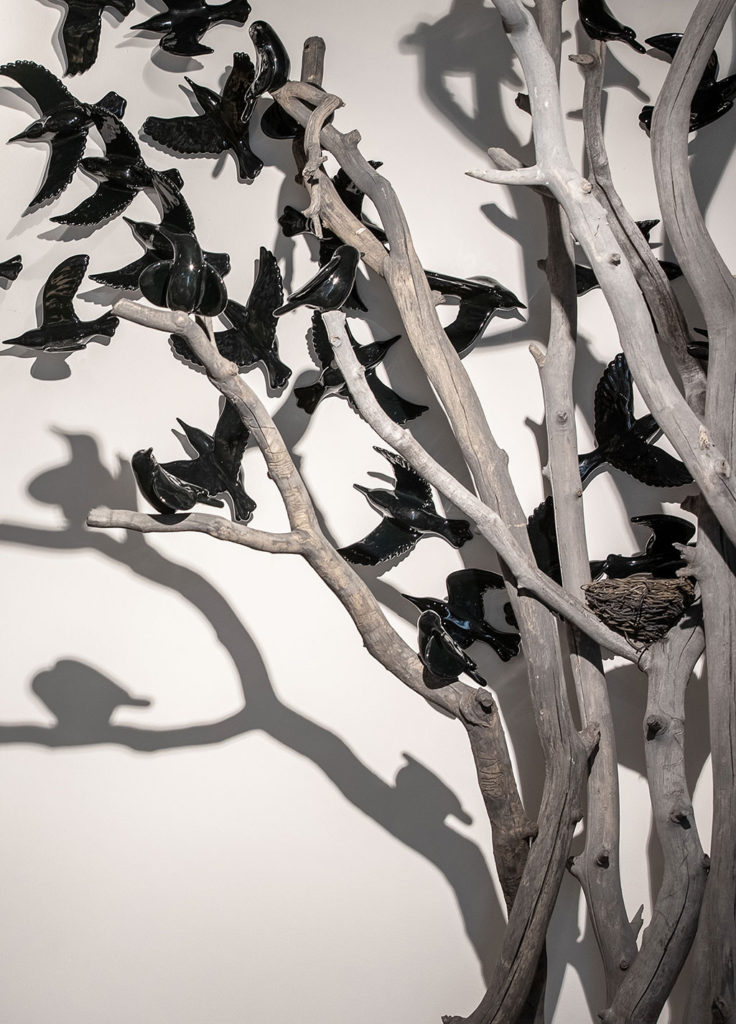 cathy weber - art - clay- woman - montana - ceramic - porcelain - bird - blackbird - flock - tree - MAM - Overstory/Understory