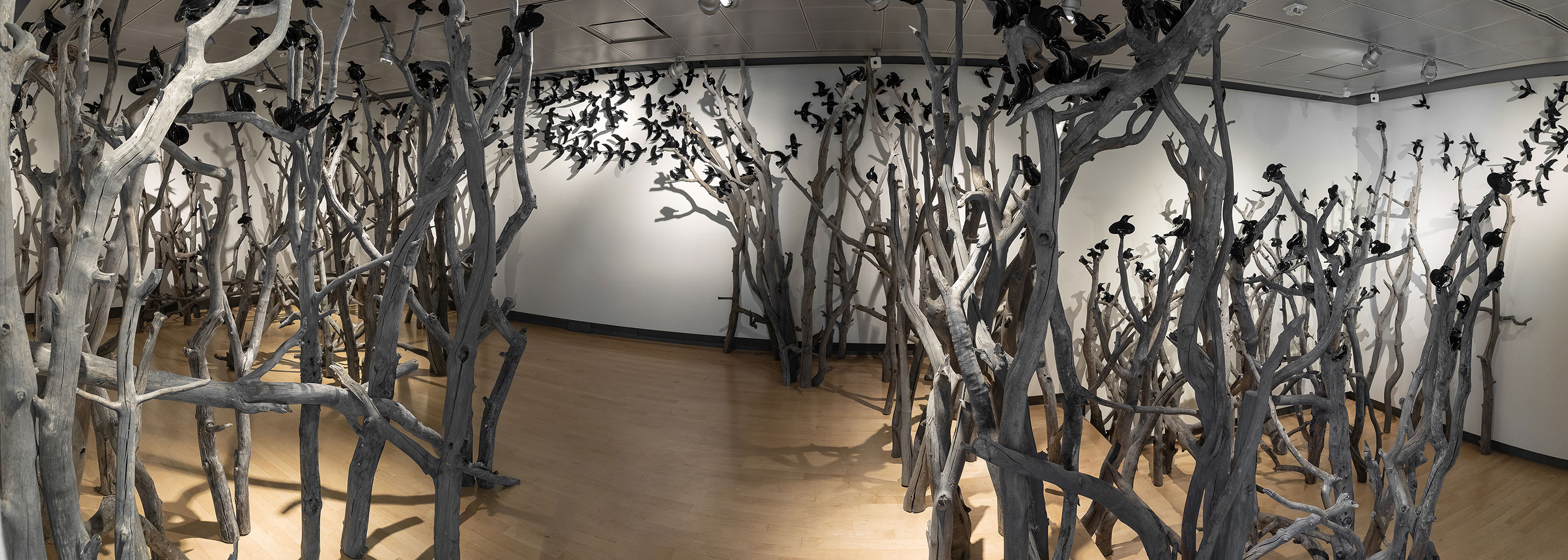 cathy weber - art - clay- woman - montana - ceramic - porcelain - bird - blackbird - flock - tree - MAM - Overstory/Understory