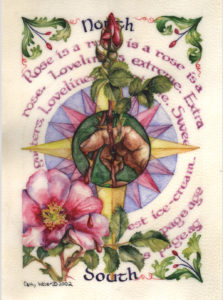 cathy weber - art - artmaker - watercolor - montana - illumination - book - artist - map - compass rose - parchment - wild rose - calligraphy