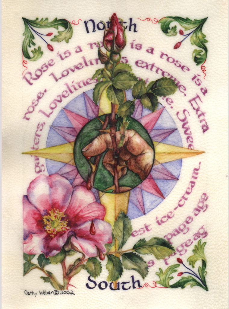 cathy weber - art - artmaker - watercolor - montana - illumination - book - artist - map - compass rose - parchment - wild rose - calligraphy