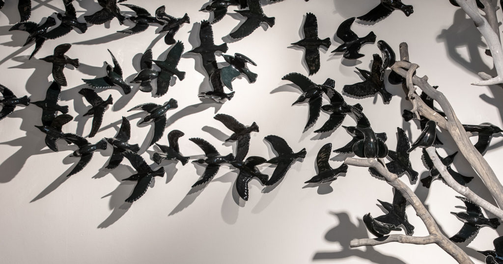 cathy weber - art - clay- woman - montana - ceramic - porelain - bird - wall - black - flying - flight
