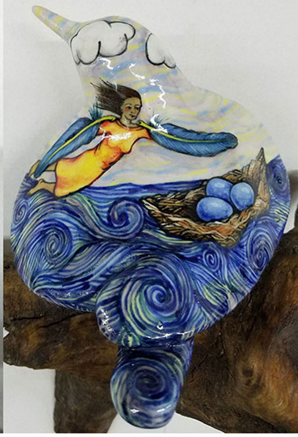 17.007 - cathy weber - art - painting - woman - montana - ceramic - porcelain - bird - narrative - clay - glazed - ladder