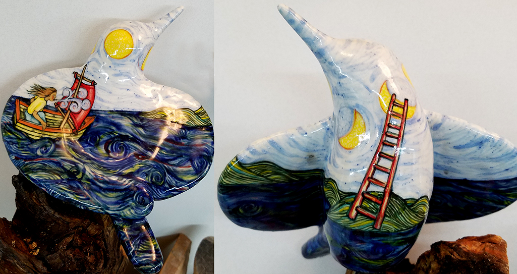 17.006 - cathy weber - art - painting - woman - montana - ceramic - porcelain - bird - narrative - clay - glazed - boat - ladder