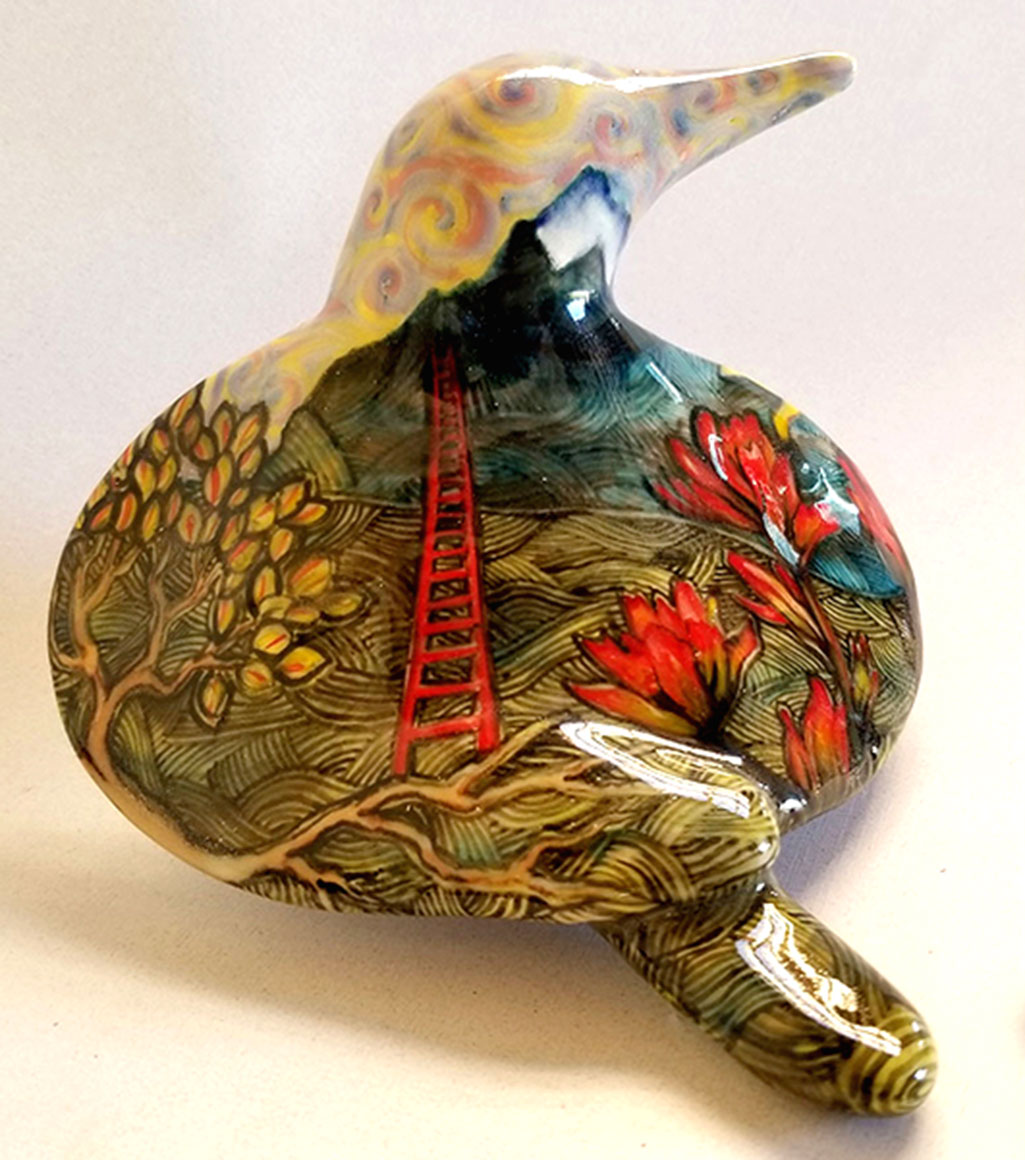 20013- cathy weber - art - painting - woman - montana - ceramic - porcelain - bird - narrative - clay - glazed