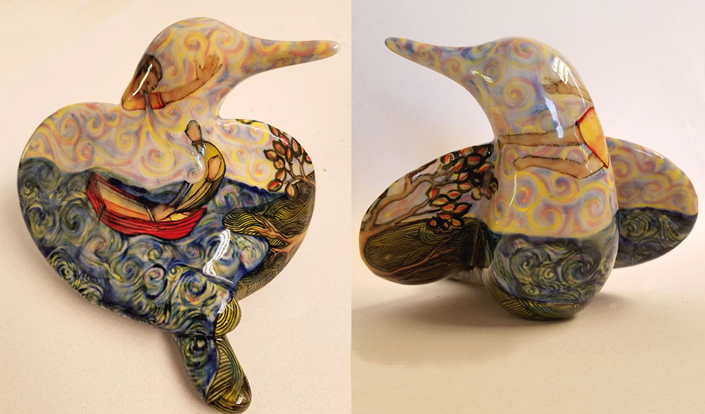 20.023 - cathy weber - art - painting - woman - montana - ceramic - porcelain - bird - narrative - clay - glazed