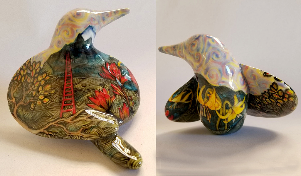 20.013 - cathy weber - art - painting - woman - montana - ceramic - porcelain - bird - narrative - clay - glazed