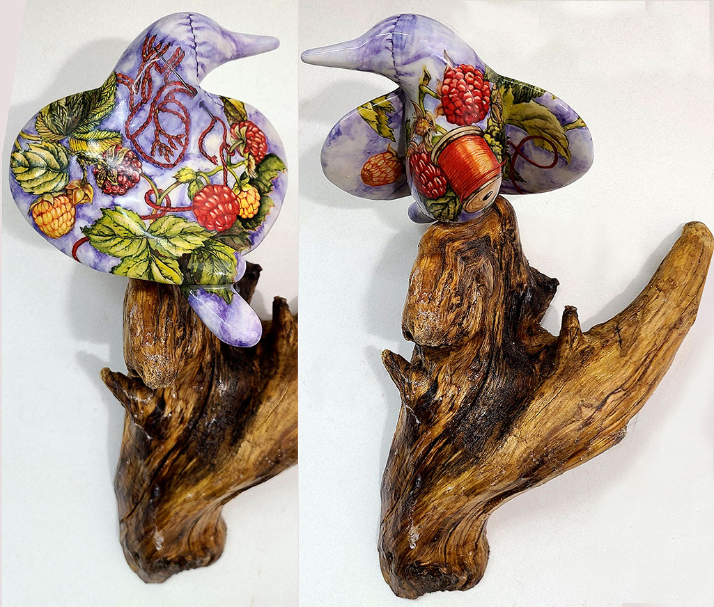 cathy weber - art - painting - woman - montana - ceramic - porcelain - bird - narrative - clay - glazed - raspberry - embroidery
