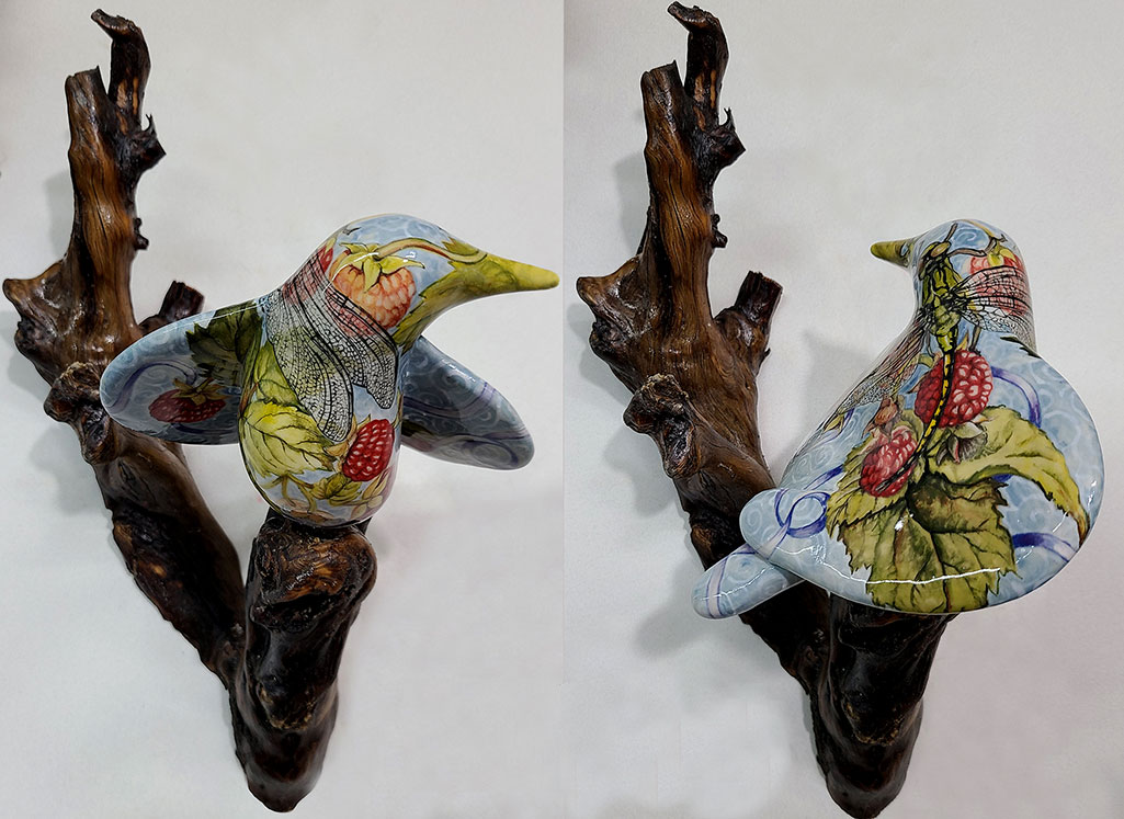 cathy weber - art - painting - woman - montana - ceramic - porcelain - bird - narrative - clay - glazed - raspberry - dragon fly