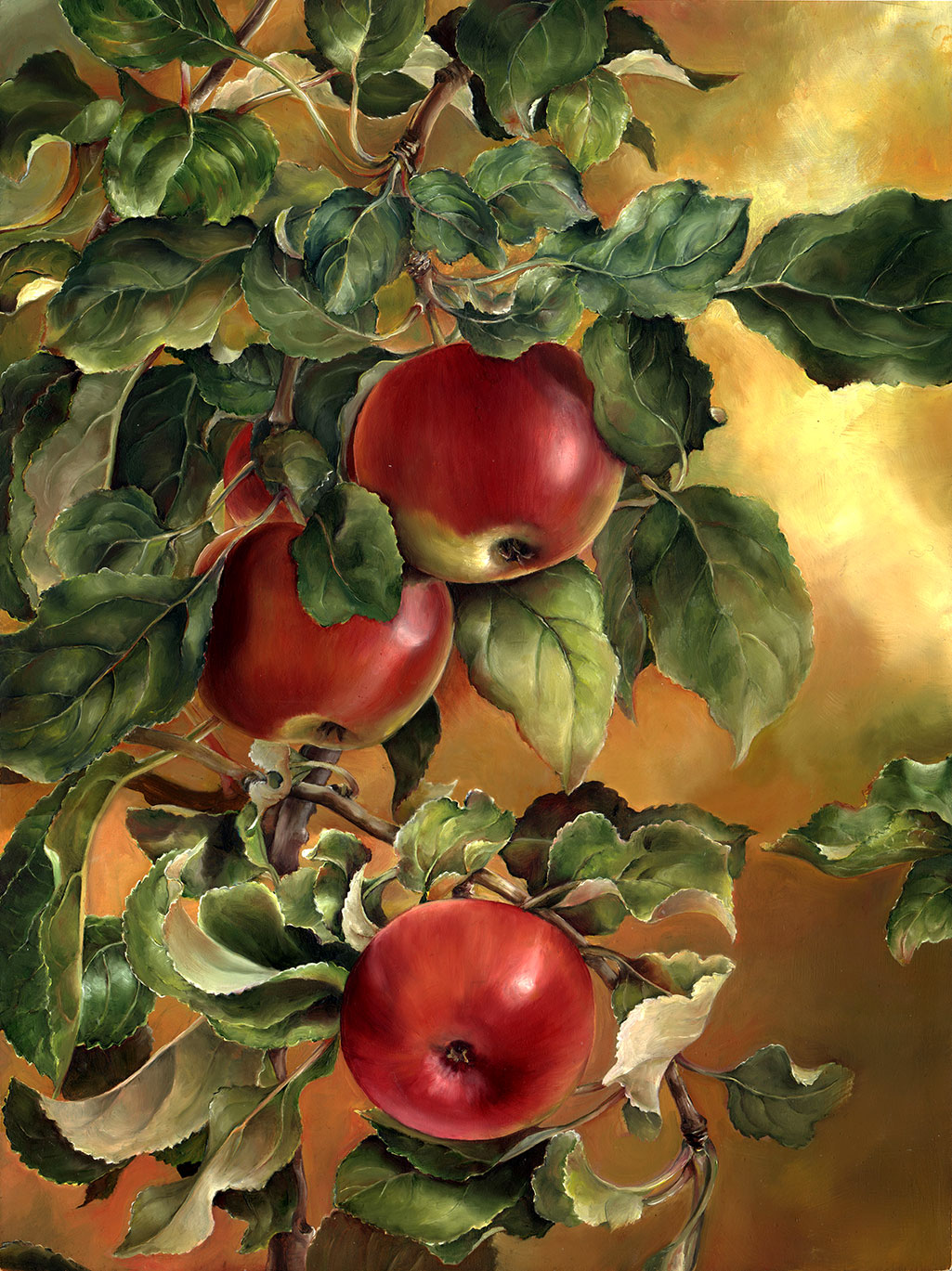 23.001 - cathy weber - art - painting - woman -fruit - apple - montana - painting - parchment - skin - botanical - study - fruiting tree - oil painting