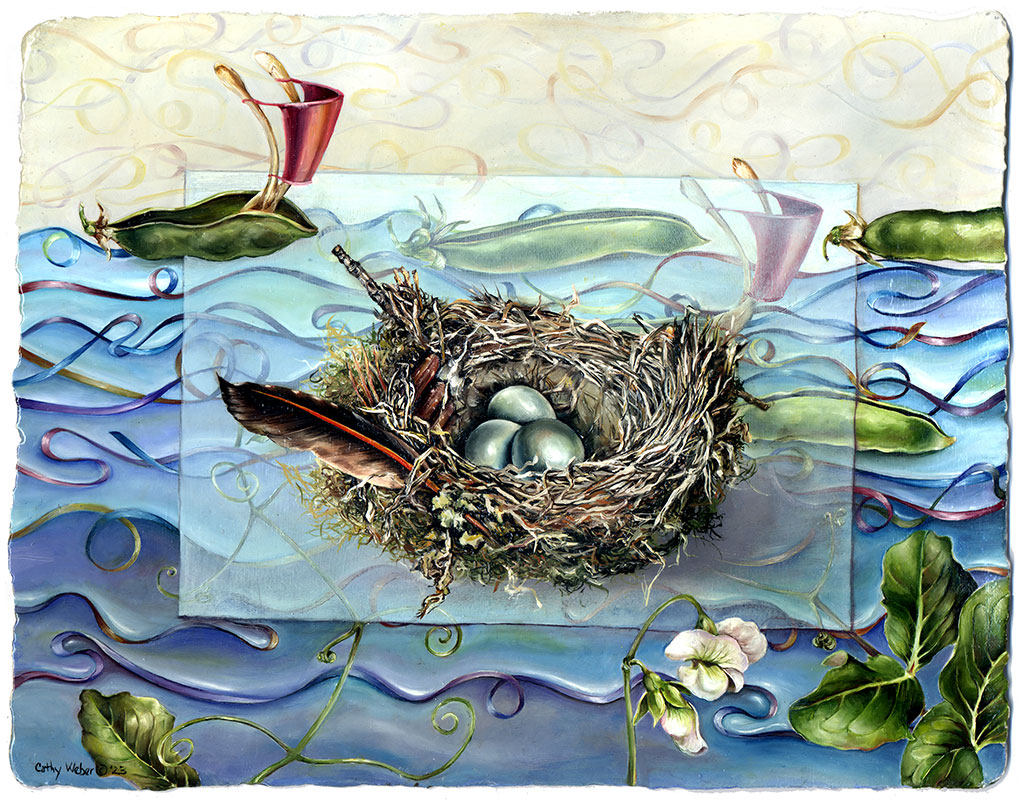 cathy weber - art - painting - woman - oil - montana - oil - object - wishing bone - feather - nest - pea