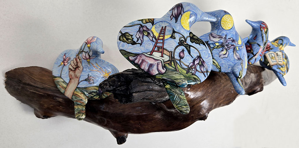 cathy weber - art - painting - woman - montana - ceramic - porcelain - bird - narrative - clay - glazed