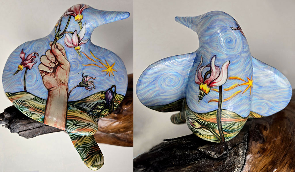 cathy weber - art - painting - woman - montana - ceramic - porcelain - bird - narrative - clay - glazed