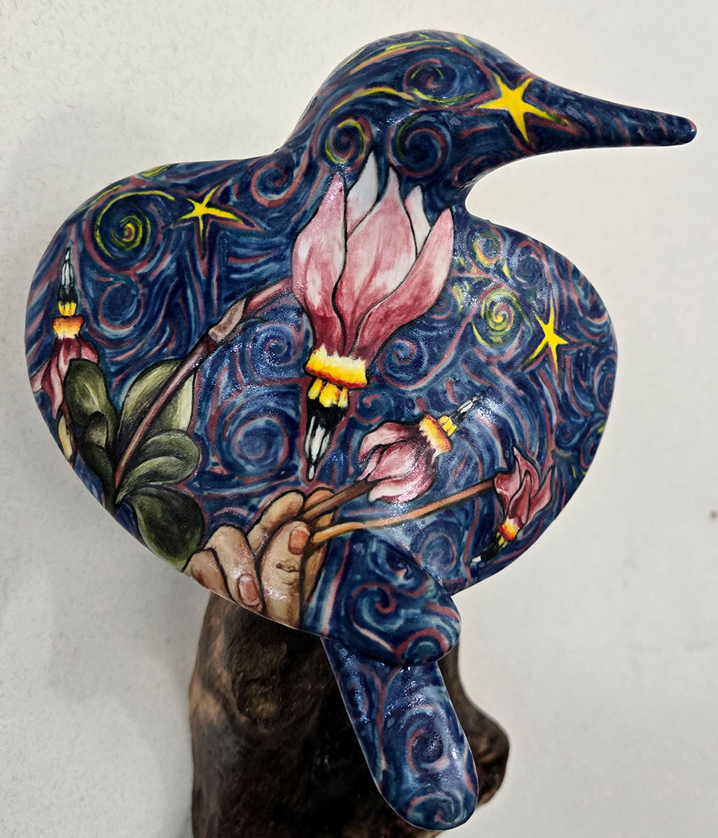25.003 - cathy weber - art - painting - woman - montana - ceramic - porcelain - bird - narrative - clay - glazed - shooting star